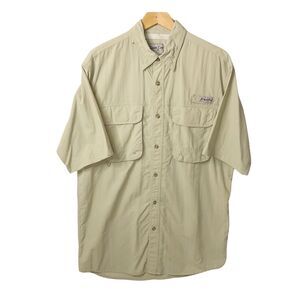 Mens Medium Camp Shirt Beach Summer Fishing Short Sleeve Button Up Tan Outdoors